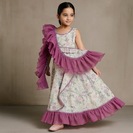 Pre Order: Floral Printed One Shoulder Top And Stylish Front Cut Lehenga With Ruffle Dupatta