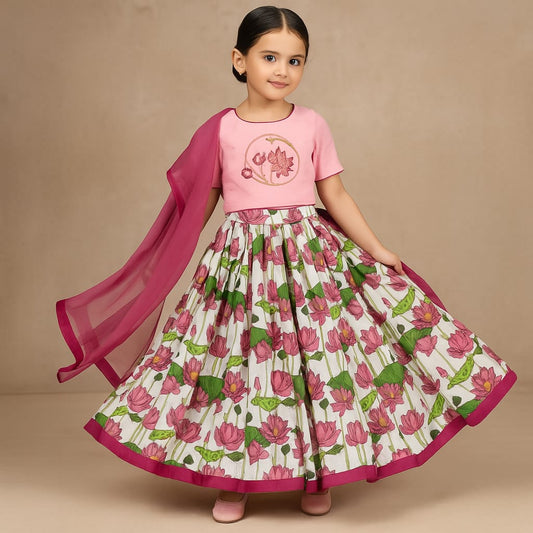 Pre Order: Pink Embroidered Top And Tropical Lotus Printed Lehenga With Dupatta