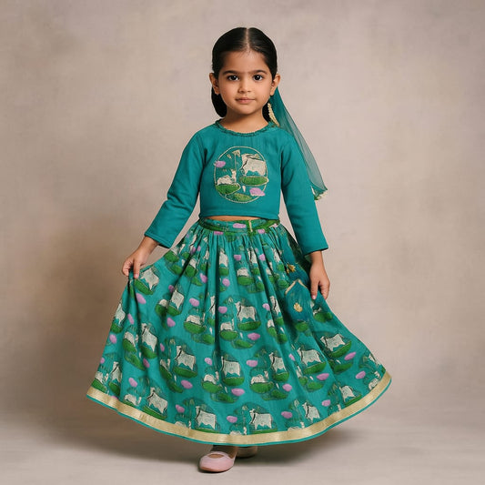 Pre Order: Pleated Green Top And Printed Lehenga With Sequins Lace Work Net Dupatta