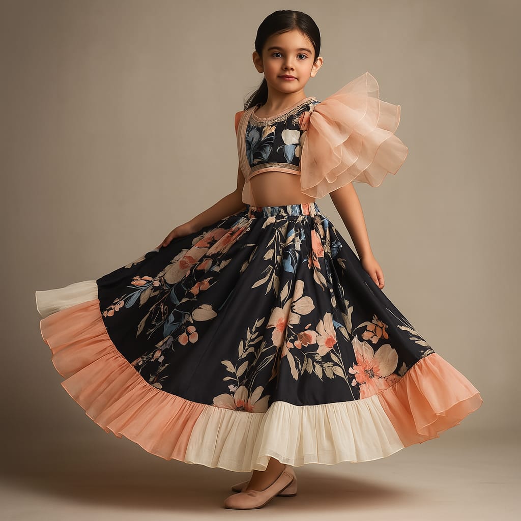 Pre Order: Elegant Black Floral Printed One Shoulder Top With Lehenga And Attached Dupatta