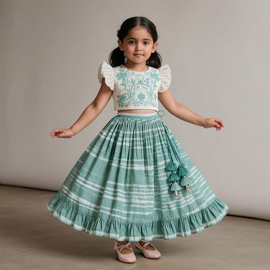 Pre Order: Yoke Embroidered Back Knot Top And Shibori Printed Green Lehenga