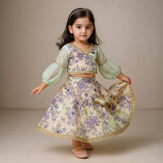 Pre Order: Floral Printed Shaded Top And Lehenga With Dupatta