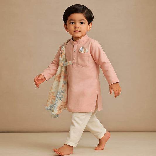 Pre Order: Peach Kurta With One Side Printed Panel And Pyjama