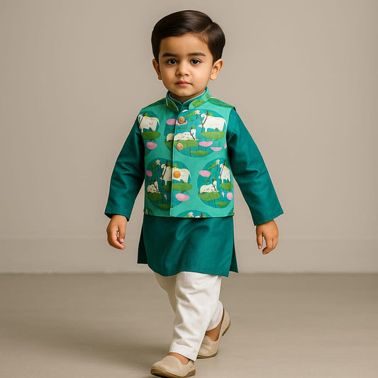 Pre Order: Silk Green Kurta With Front Open Pocket Detail Printed Jacket And Cotton Pyjama