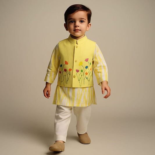 Pre Order: Shibori Printed Kurta With Embroidery Yellow Open Jacket And Churidar