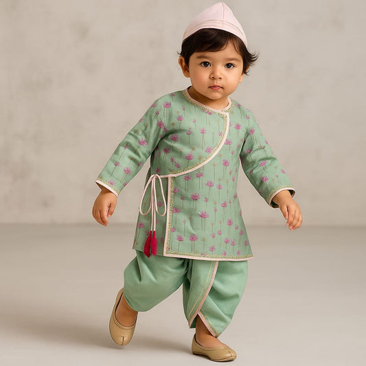 Pre Order: Floral Printed Mint Green Tie Up Angrakha Kurta And Dhoti With Baby Pink Mukut