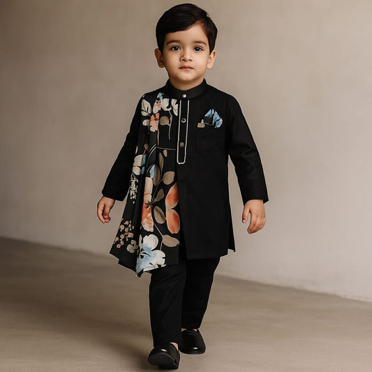 RTD Pre Order: Stylish Black Kurta With Attached Printed Flap And Pyjama