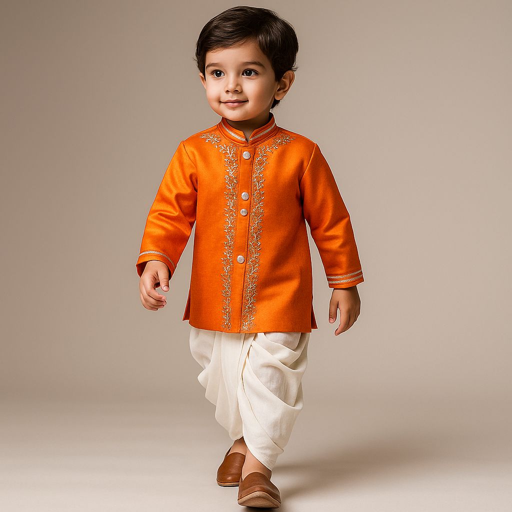Pre Order: Gota Lacework Detail Orange Kurta And Dhoti