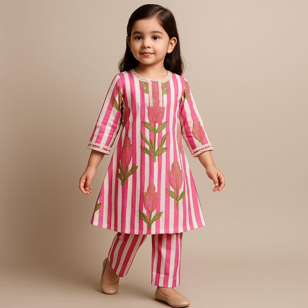 Pre Order: Pink Printed Gota Lace Detailed Kurti And Pant