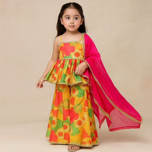 RTD Pre Order: Multicolour Floral Printed Strappy Top And Palazzo With Dupatta