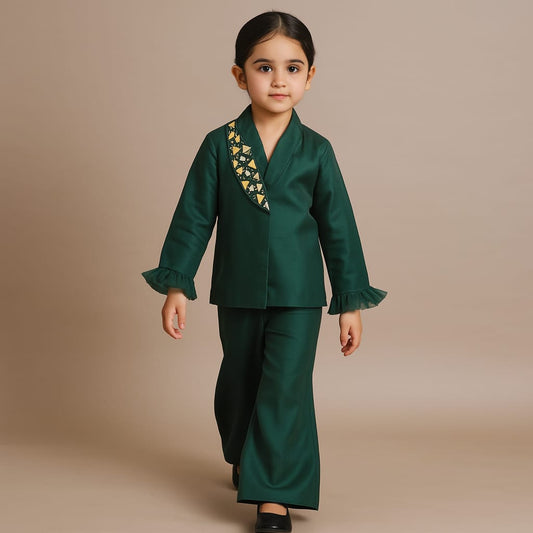 Pre Order: Embellished Green Blazer Style Top With Pant