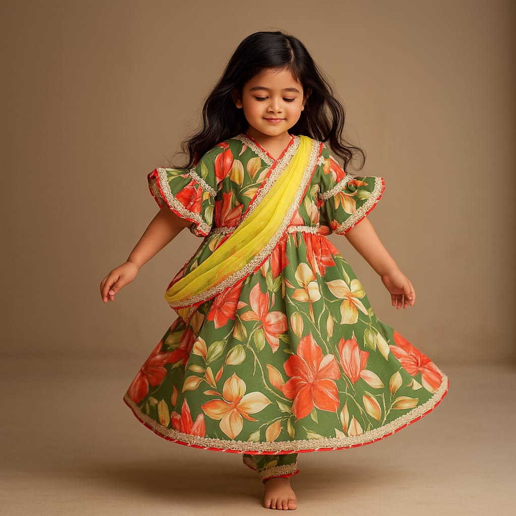 Pre Order: Green Floral Printed Kurti With Attached Dupatta And Sharara