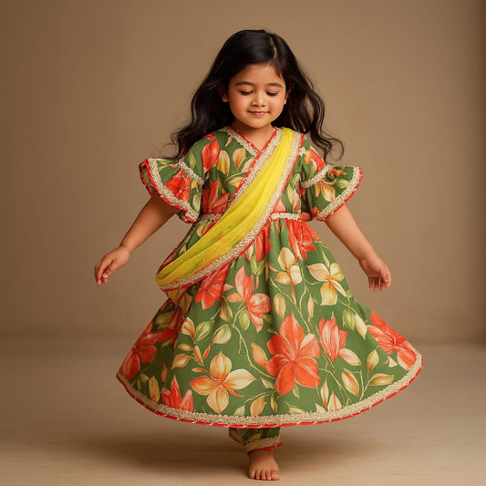 Pre Order: Green Floral Printed Kurti With Attached Dupatta And Sharara