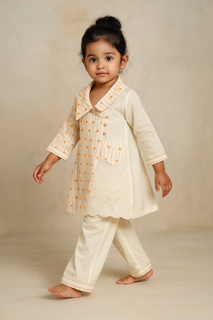 Pre Order: One Side Printed Flap Embroidered Kurti With Pant