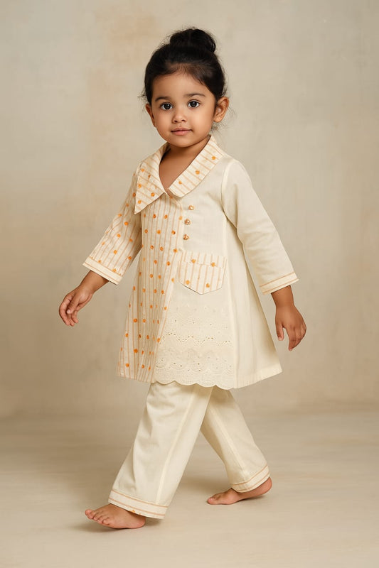 Pre Order: One Side Printed Flap Embroidered Kurti With Pant