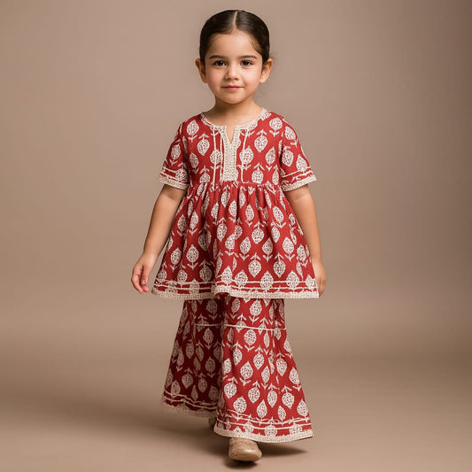 Pre Order: Gota Lace Detail-Printed Kurti And Sharara