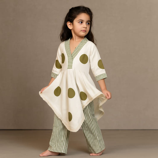 Pre Order: Printed Stylish Hem Kurti With Striped Pant