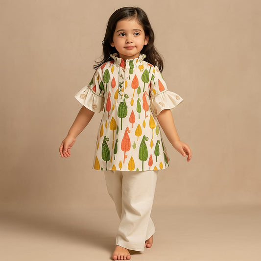 Pre Order: Multicolour Printed Kurti With Stylish Hem Pant