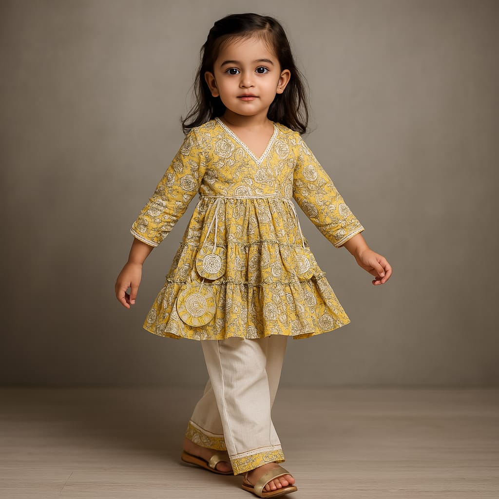 Pre Order: Printed Yellow Tiered Kurti And Pant