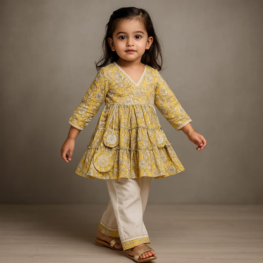 Pre Order: Printed Yellow Tiered Kurti And Pant