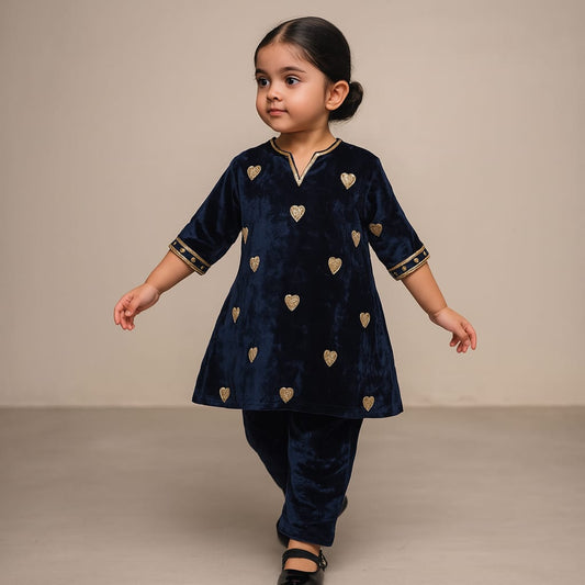 Pre Order: Blue Embroidered Velvet Kurti And Pant