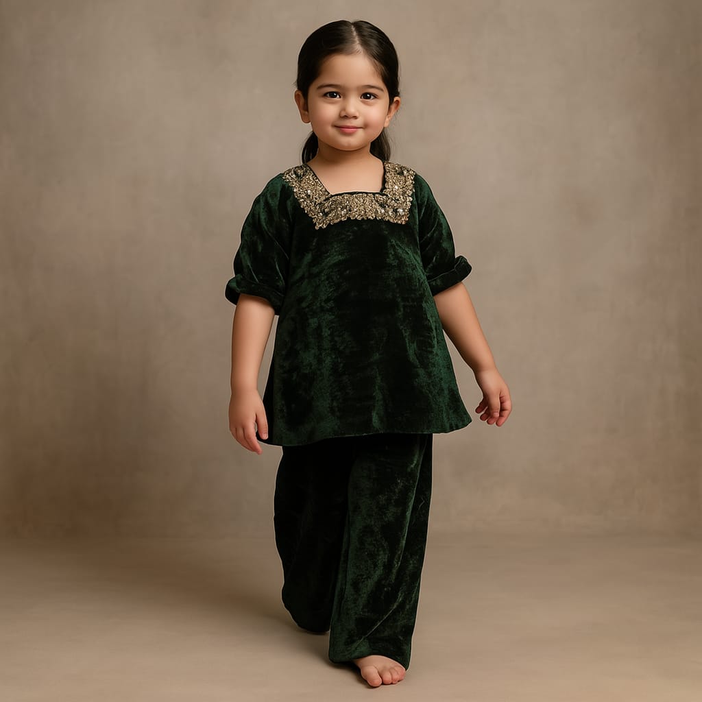 Pre Order: Green Velvet Zardozi Embroidered Kurti And Pant