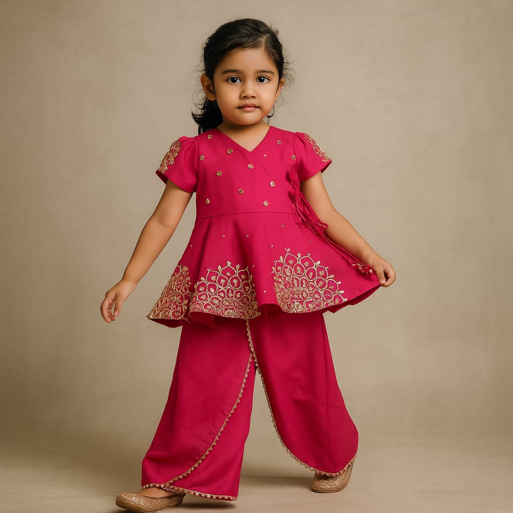 Pre Order: Pink Embroidered Angarkha Style Kurti And Tulip Dhoti