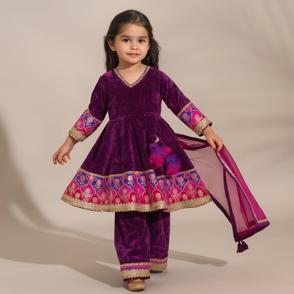 Pre Order: Purple Velvet Lace Detailed Kurti And Pant With Dupatta