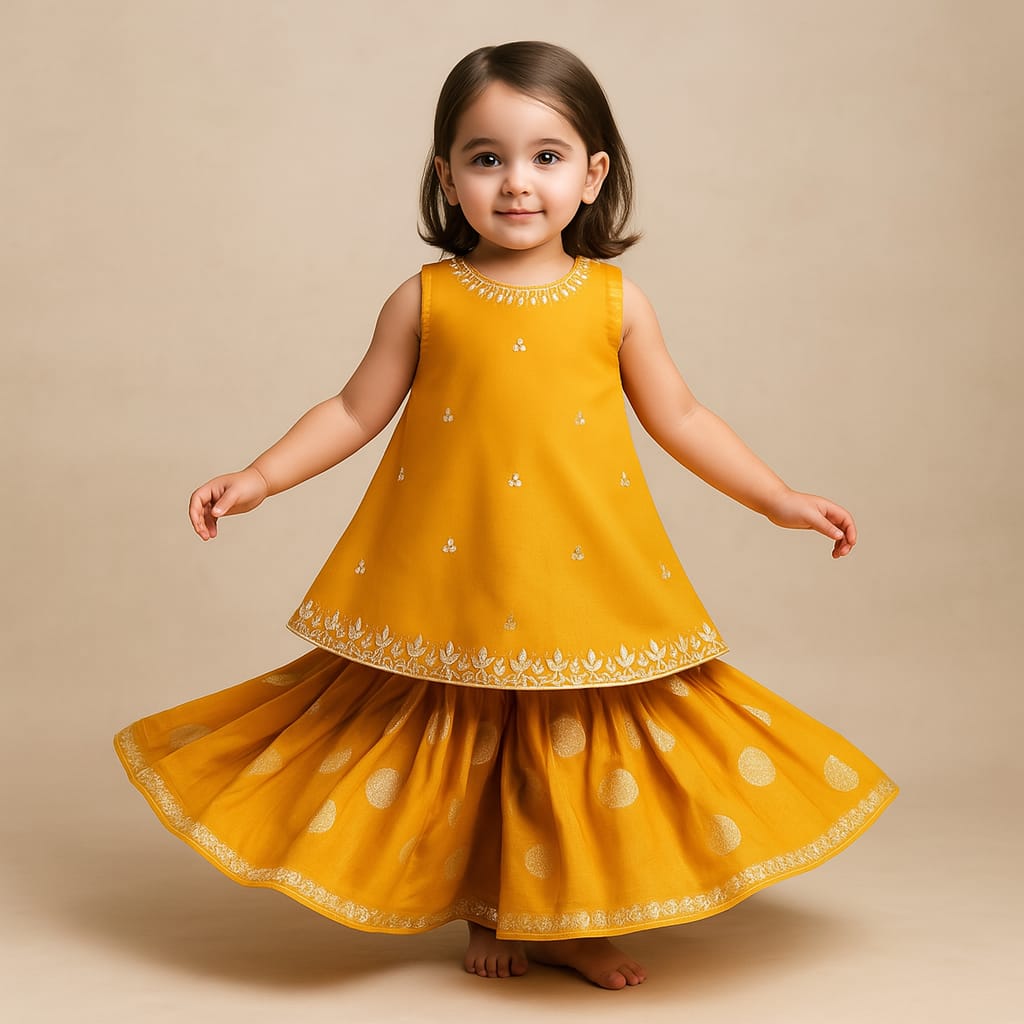 Pre Order: Embroidered Mustard Kurti And Sharara