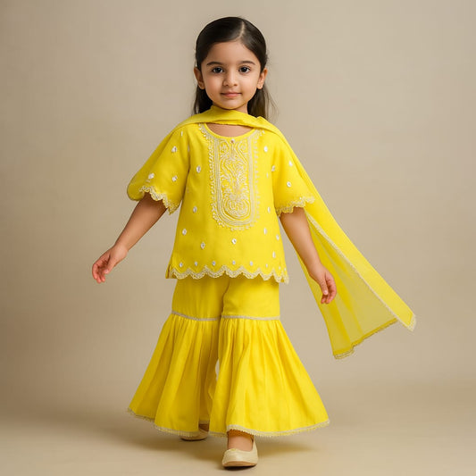 Pre Order: Embroidered Yellow Kurti With Sharara And Dupatta