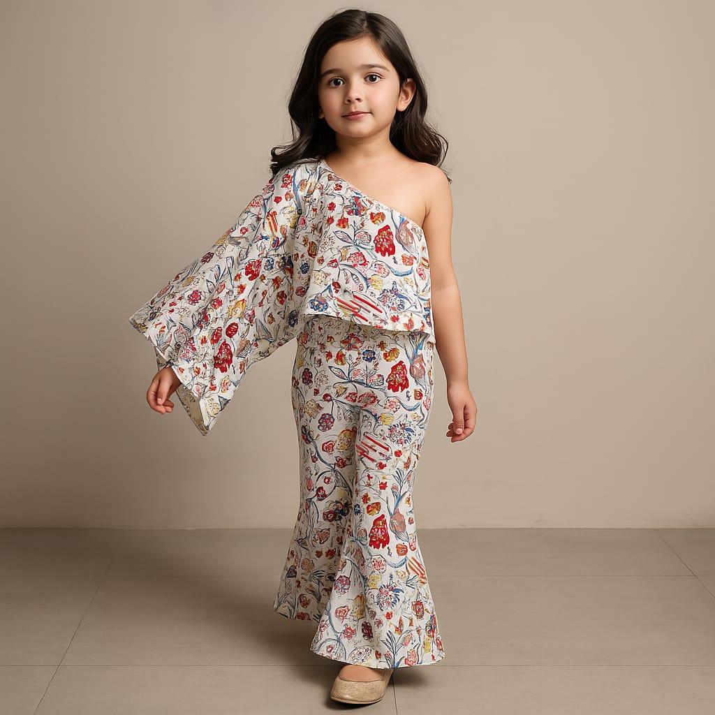 Pre Order: Printed One Shoulder Top And Embroidered Cape With Matching Pant