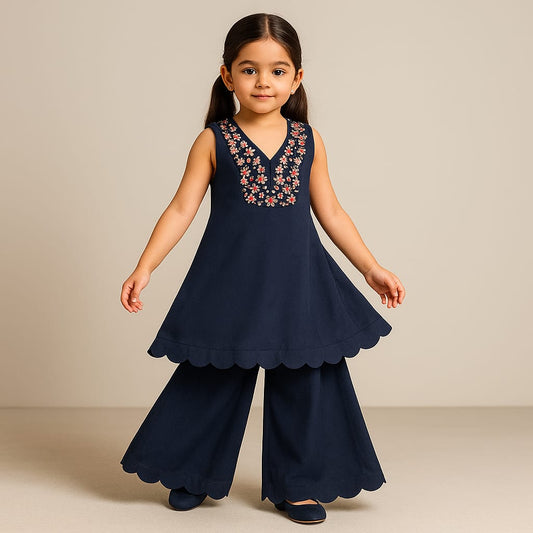 Pre Order: Blue Scalloped Hem Detailing Kurti And Palazzo