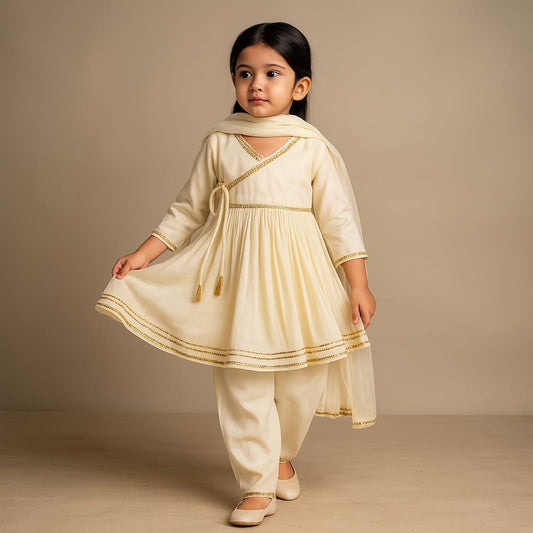 Pre Order: Off White Velvet Lace Detailed Kurti And Tulip Dhoti With Net Dupatta