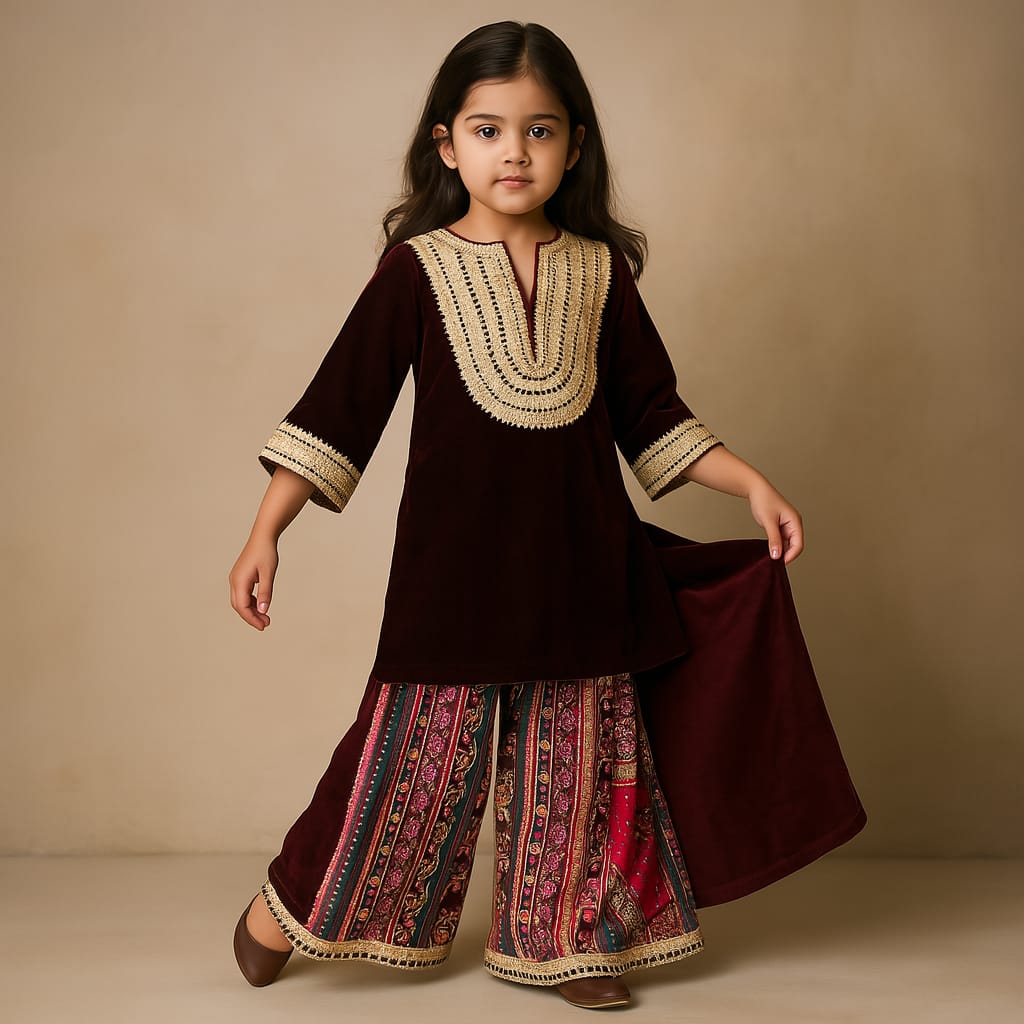 Pre Order: Lace Work Velvet Kurti With Multi Colour Printed Salwar And Dupatta