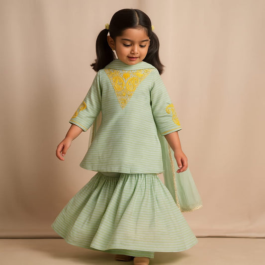 Pre Order: Green Striped Embroidered Kurti And Pleated Sharara