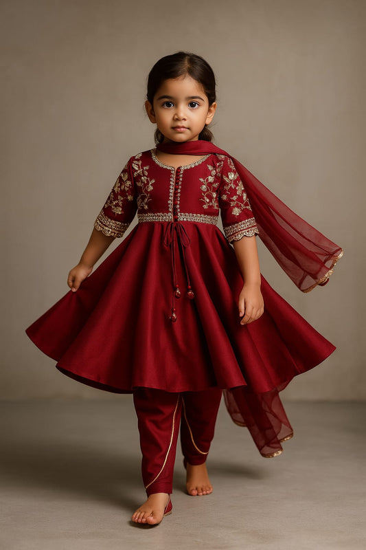 Pre Order: Maroon Embroidered Kurti And Tulip Dhoti