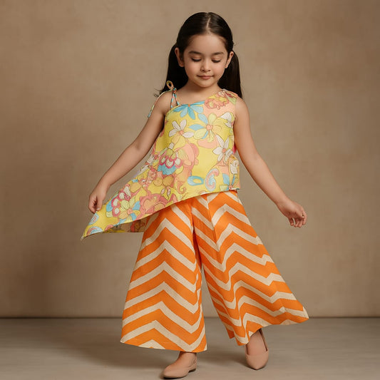 Pre Order: Floral Printed One Shoulder Top And Flared Palazzo