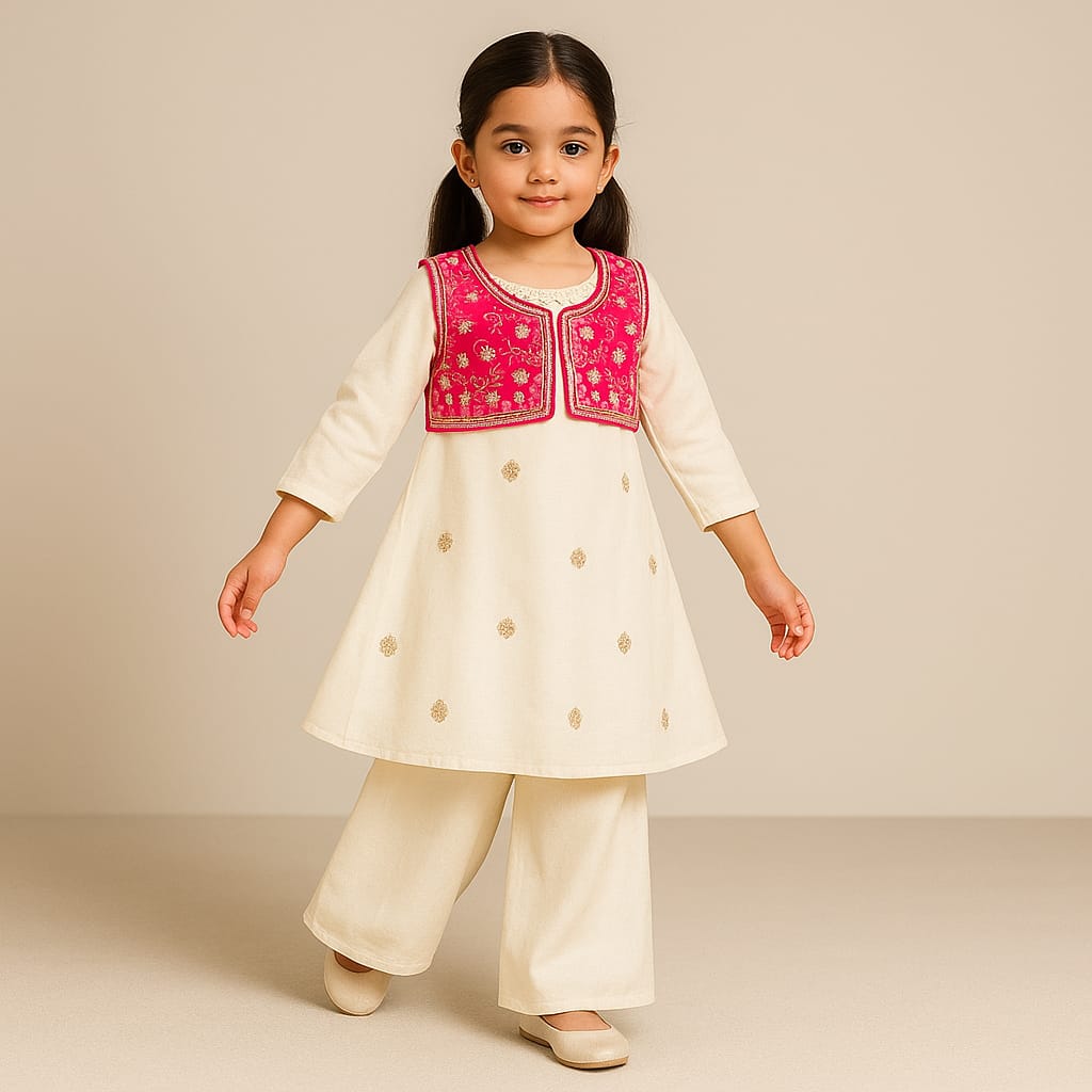 Pre Order: Embroidered Kurti With Jacket And Pant