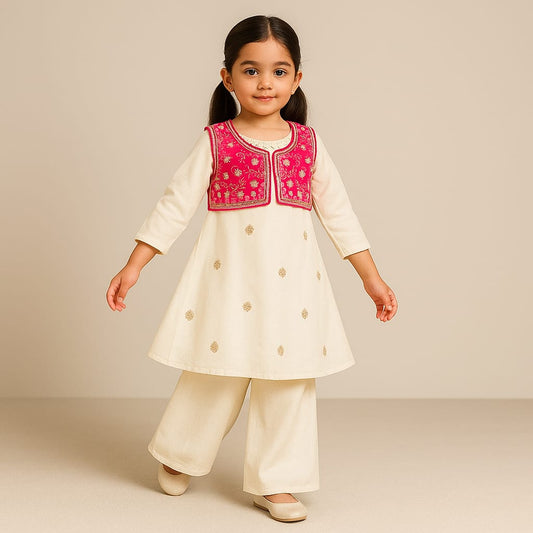 Pre Order: Embroidered Kurti With Jacket And Pant