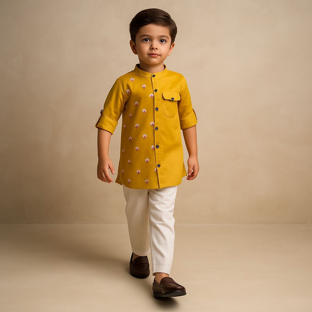 Pre Order: Mustard One Side Embroidered Kurta With Pyjama