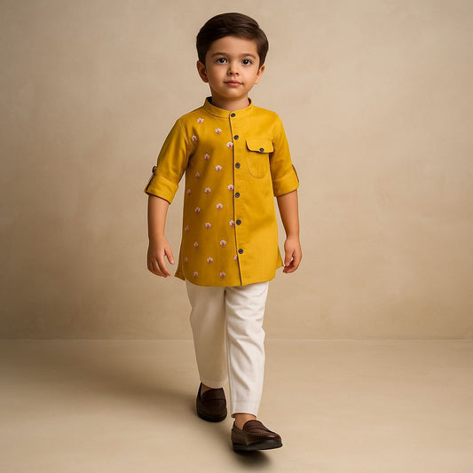 Pre Order: Mustard One Side Embroidered Kurta With Pyjama