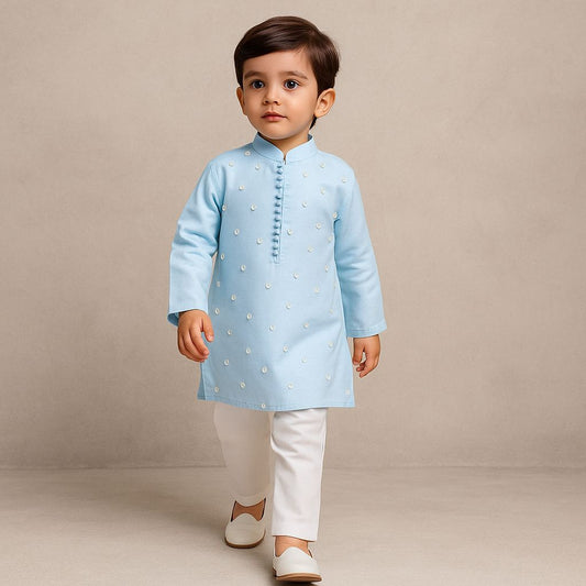 Pre Order: Flower Embellished Blue Kurta With Off White Pyjama