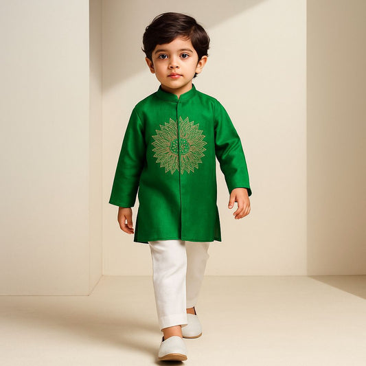 Pre Order: Green Embroidered Front Open Kurta With Pyjama