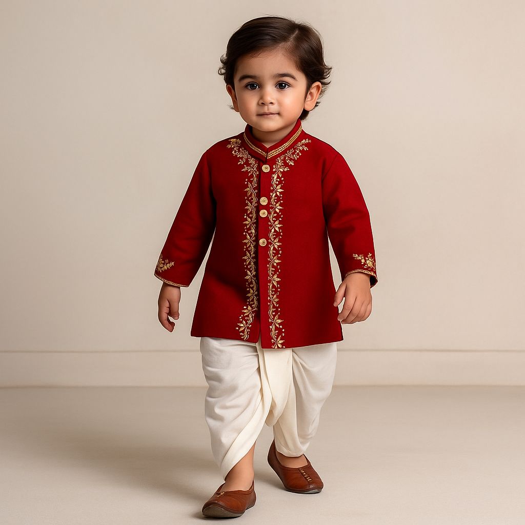 Pre Order: Gota Lacework Detail Red Kurta And Dhoti