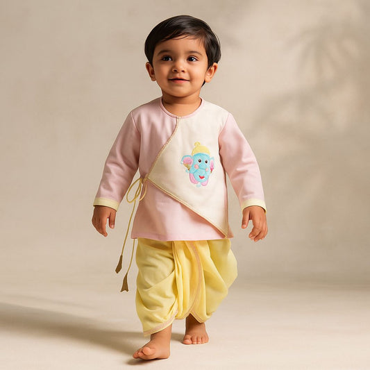 Pre Order: Ganesh Thread Embroidered Kurta And Yellow Dhoti
