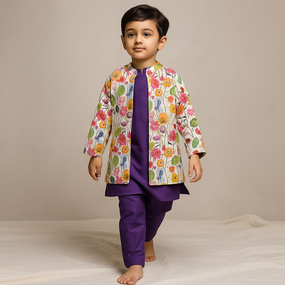 Pre Order: Pocket Detailed Purple Kurta With Colorful Open Jacket And Pyjama