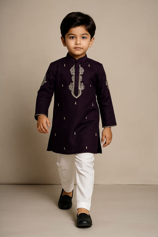 Pre Order: Purple Kurta With Dori Embroidery And Pyjama