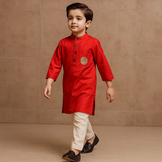 Pre Order: Red Kurta With Embroidery Patch