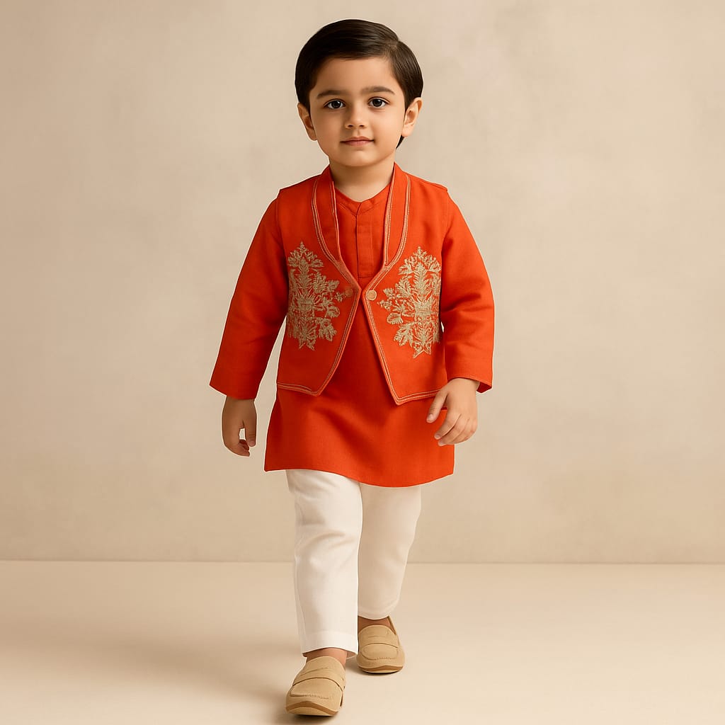 Pre Order: Embroidered Flap Orange Kurta And Pyjama