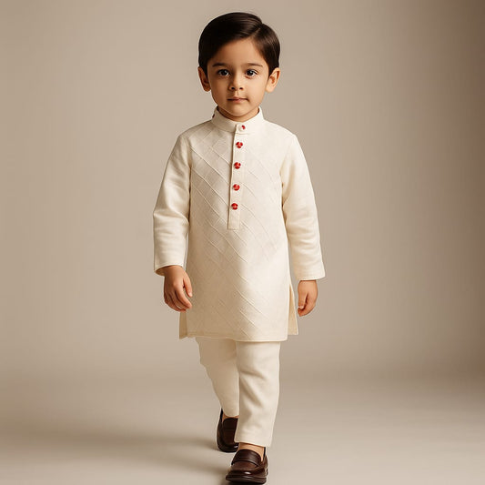 Pre Order: Off White Pintuck Embroidered Kurta With Pyjama
